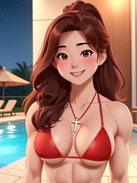 attractive korean woman, ripped muscle, muscular body, small breast, pale skin, smile(blush), red bikini, cross necklace, sixpack abs, [ultra detailed skin:1.2], brown hair, long wavy hair, 8k uhd, pussy, full body, crowd, public, night, poolside, standing...