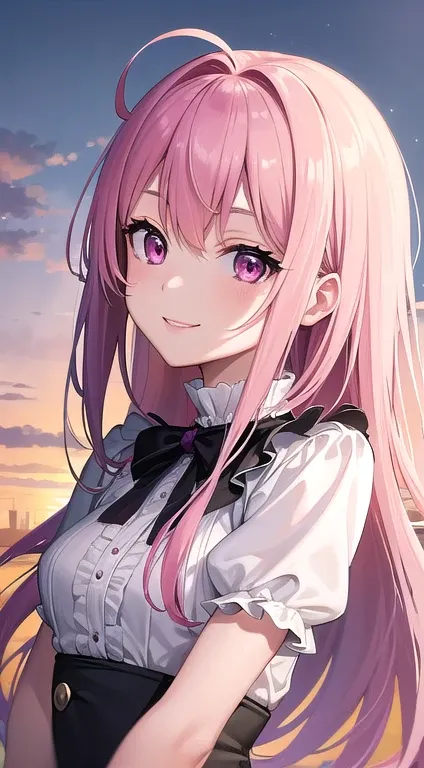 最high quality,very detailed,high quality,Extremely detailed,masterpiece,Super fine,ultra high resolution,超high quality,super delicate face,super realistic,(1 person:1.2)、woman、(Mature:1.5)、pink hair color、(pink eyes)、small breasts 、slender body、Ahoge、(Smil...