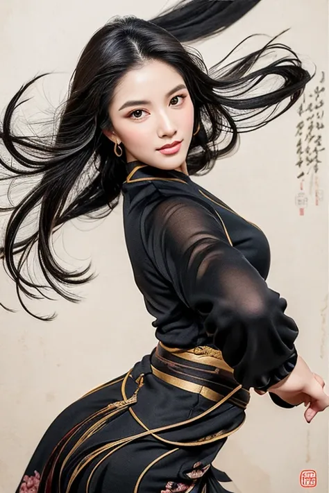 (best quality,highres,masterpiece:1.2),ultra-detailed,full body shot,beautiful detailed eyes,beautiful detailed lips,extremely detailed eyes and face,longeyelashes,sexy woman practicing Kung Fu,artwork made with traditional Chinese ink painting,graceful mo...