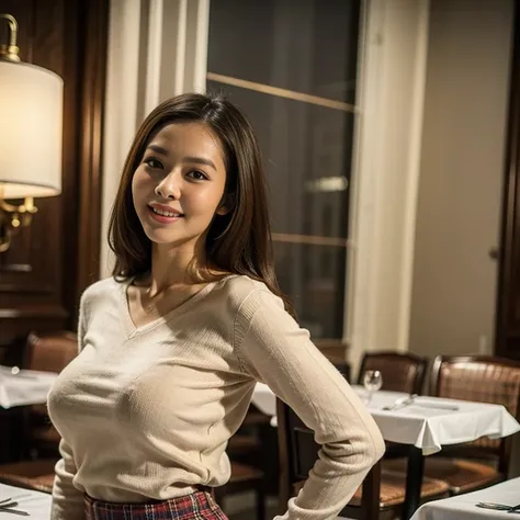 ((Italian restaurant)),(thai woman:1.4),(beige U-neck sweater),(huge breasts:1.4) (Carl outward hair),thin waist,(smile:1.3),small mole under the eye,cowboy shot:1.3, (plaid skirt),