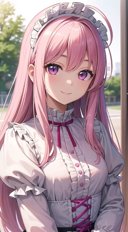 最high quality,very detailed,high quality,Extremely detailed,masterpiece,Super fine,ultra high resolution,超high quality,super delicate face,super realistic,(1 person:1.2)、woman、(Mature:1.5)、pink hair color、(pink eyes)、small breasts 、slender body、Ahoge、(Smil...