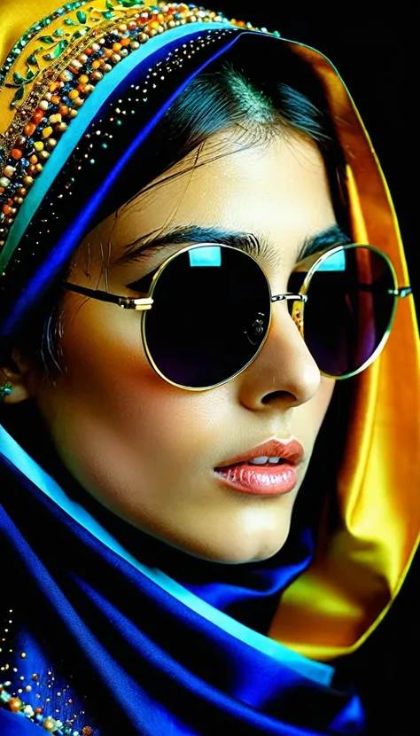 persian color palette , persian art, persian girl, persian, iranian, iran,nun, wearing dark, shiny glasses folk costumes (lina c...