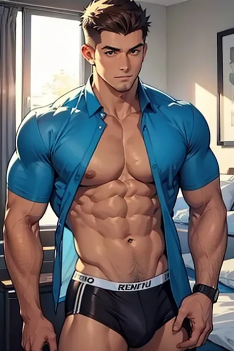 homem, alto, ruivo , corpo perfeitamente definido, sem camisa semi nu no quarto