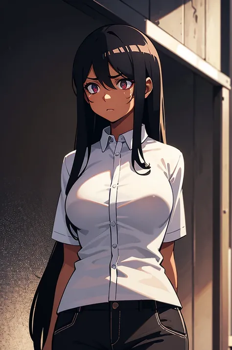 tanned skin,burn marks,black long hair,worried expression,white worker shirt,black pants,medium breasts,illustration,detailed background,industrial setting,high contrast lighting,vivid colors,photo-realistic:1.37