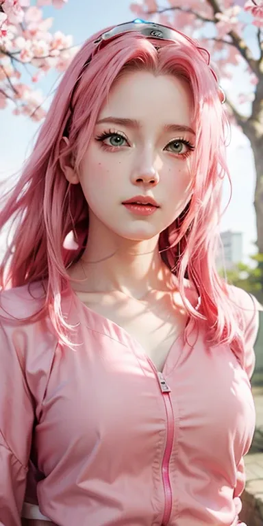 sakura uchiha A woman was in the yard. She was wearing a pink kimono. Like colorful kimonos. She had pink hair. pale white skin. Her cheeks were rosy. And her lips are a tempting red, 3d
