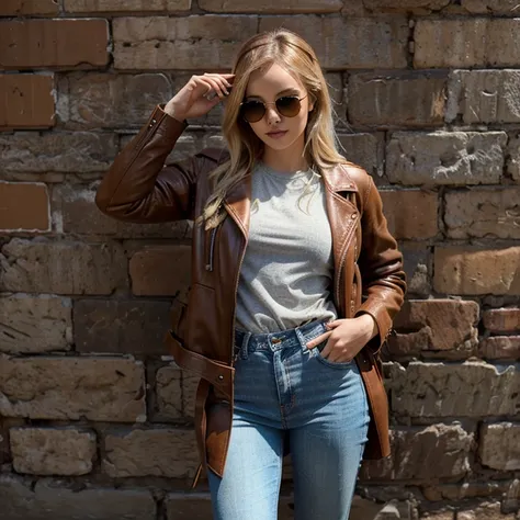 Dove Cameron dressed in brown leather jacket with jeans and wearing sunglasses