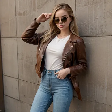 Dove Cameron dressed in brown leather jacket with jeans and wearing sunglasses