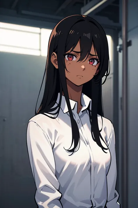 tanned skin,burn marks,black long hair,worried expression,white worker shirt,black pants,medium breasts,illustration,detailed background,industrial setting,high contrast lighting,vivid colors,photo-realistic:1.37