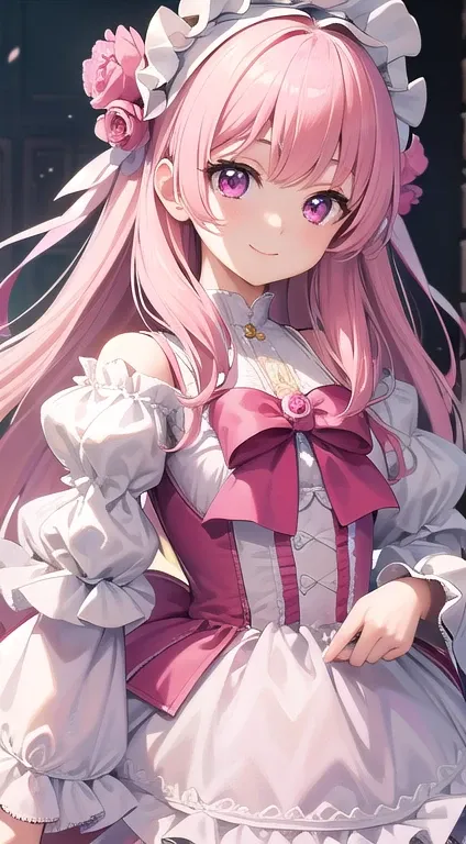 最high quality,very detailed,high quality,Extremely detailed,masterpiece,Super fine,ultra high resolution,超high quality,super delicate face,super realistic,(1 person:1.2)、woman、(Mature:1.5)、pink hair color、(pink eyes)、small breasts 、slender body、Ahoge、(Smil...