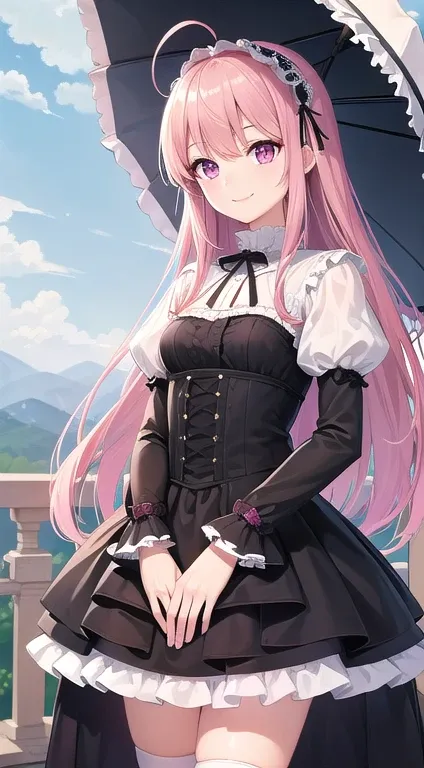 最high quality,very detailed,high quality,Extremely detailed,masterpiece,Super fine,ultra high resolution,超high quality,super delicate face,super realistic,(1 person:1.2)、woman、(Mature:1.5)、pink hair color、(pink eyes)、small breasts 、slender body、Ahoge、(Smil...