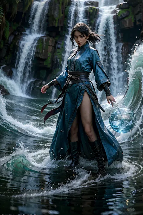 Masterpiece, best quality, Highest quality, Ultra high resolution, 8K HDR, 8K wallpaper, raw, Big file size, complicated details, Sharp focus, high saturation, girl, alone, rift, beautiful face, full body, water mage, control water, wave, Water protection.