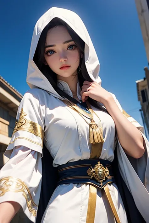 Uma foto de corpo inteiro da Princesa Zelda, Cabelo castanho, olhos azuis, vestido como um Assassino de Assassins Creed, Em branco+gold with white mask and hood with gold details, Busto XL, using a wrist blade. fundo: A city during the Renaissance period. ...