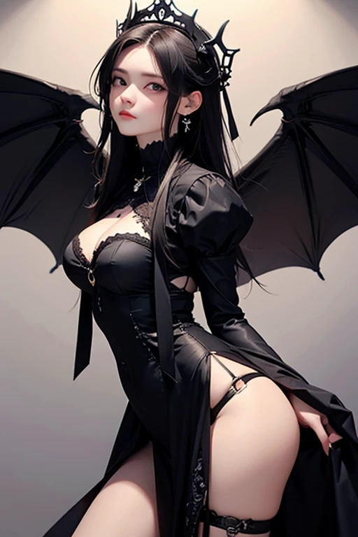 Lolita guerreira,gothic style black clothes,chifres pontiagudos,dragon wings on the back,vista de cima, sensual e sexy