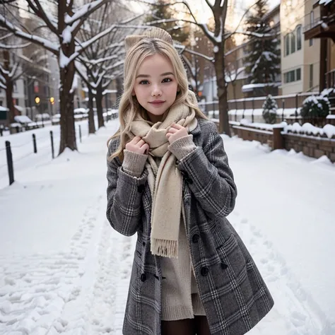 Dove Cameron in the snow wearing a coat and scarf