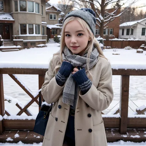 Dove Cameron in the snow wearing a coat and scarf