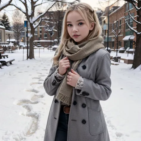 Dove Cameron in the snow wearing a coat and scarf