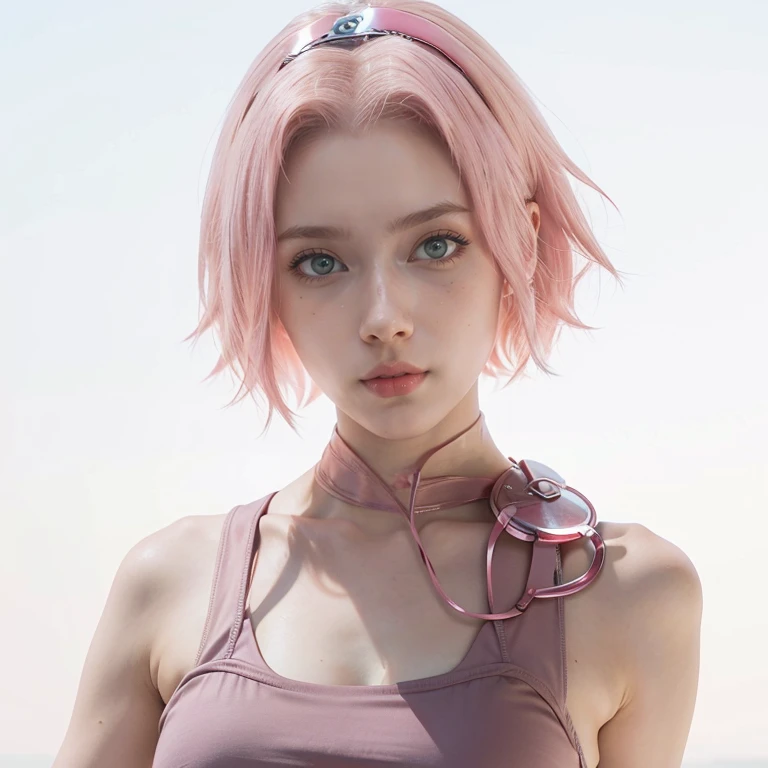 young woman, short shoulder-length pink hair, wide forehead, porcelain skin, pink eyebrows, big emerald green eyes, buttoned nose, full lips, heart-shaped face, slender body, small breasts, red tank top, Sakura Haruno , realistic, realism, details, 3d, wel...