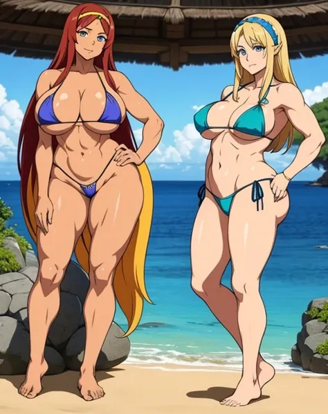 mulher anime , harem bikini, saia longa, curved, pele bronzeada, bare feet, visible feet, cabelo azul curto, bandana