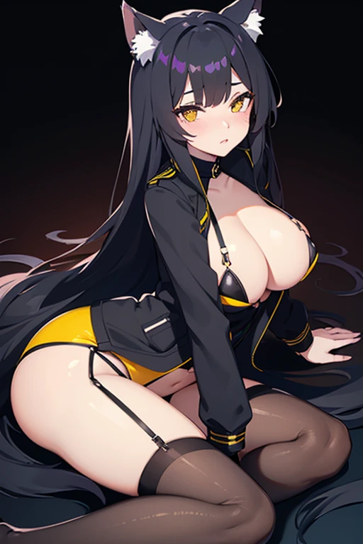 hot girl, beautiful long black hair, bright yellow eyes, black bikini, big but medium breasts, a black jacket no panties and long black transparent socks, wolf ears, blush