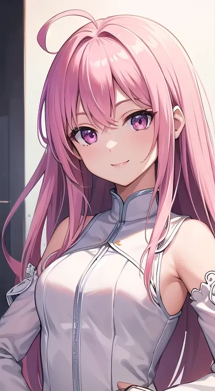 最high quality,very detailed,high quality,Extremely detailed,masterpiece,Super fine,ultra high resolution,超high quality,super delicate face,super realistic,(1 person:1.2)、woman、(Mature:1.5)、pink hair color、(pink eyes)、small breasts 、slender body、Ahoge、(smil...