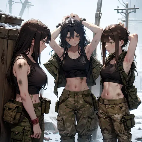 a group of  female soldiers, (in snow storm), various hair styles, tank top, harem, beautiful leg, midriff, camouflage military ...