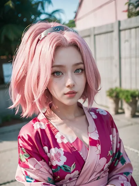 sakura uchiha A woman was in the yard. She was wearing a pink kimono. Like colorful kimonos. She had pink hair. pale white skin. Her cheeks were rosy. And her lips are a tempting red, 3d
