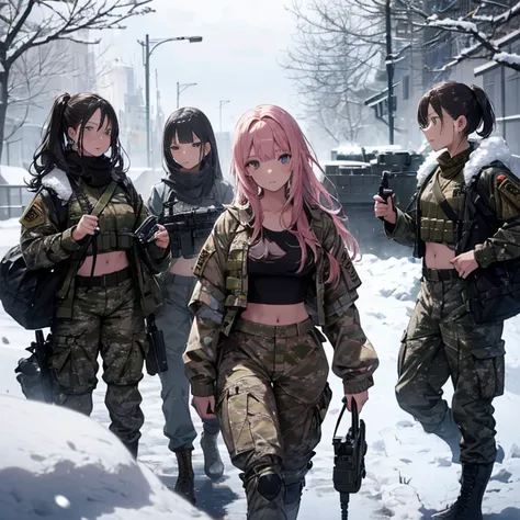 a group of  female soldiers, (in snow storm), various hair styles, tank top, harem, beautiful leg, midriff, camouflage military ...