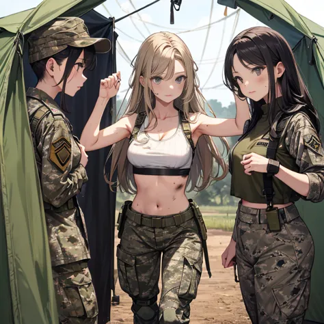 a group of  female soldiers, (in tent), various hair styles, tank top, harem, beautiful leg, midriff, camouflage military trouse...