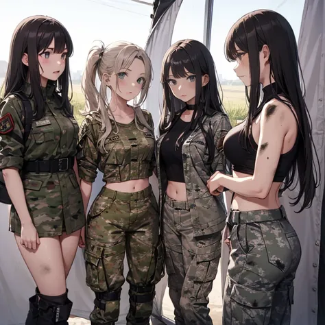 a group of  female soldiers, (in tent), various hair styles, tank top, harem, beautiful leg, midriff, camouflage military trouse...