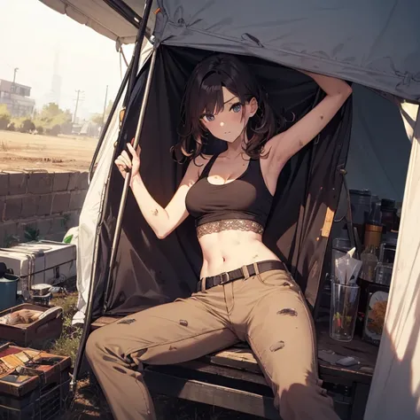 A group of  girl, (in tent), various hair styles, tank top, harem, beautiful leg, midriff, trousers, showings off armpits, seducing, bdsm, dirty, metal armor