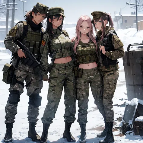 a group of  female soldiers, (in snow storm), various hair styles, tank top, harem, beautiful leg, midriff, camouflage military ...