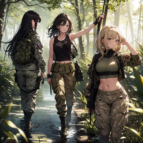 a group of  female soldiers, (in swamp), various hair styles, tank top, harem, beautiful leg, midriff, camouflage military trous...