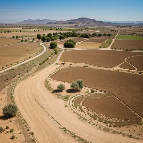 A rural town with a semi-arid landscape in the background