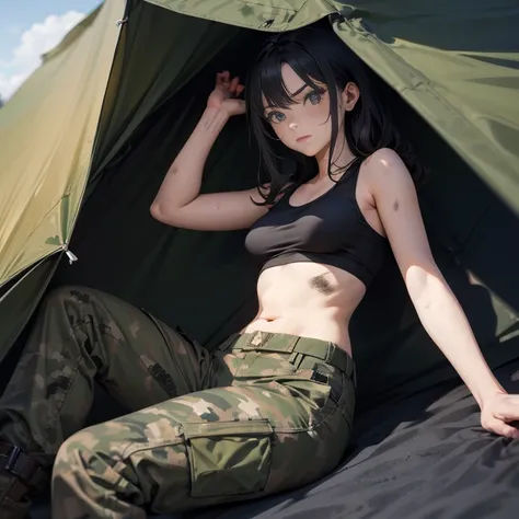 A group of  female soldiers, (in tent), various hair styles, tank top, harem, beautiful leg, midriff, camouflage military trousers, showings off armpits, seducing, dirty