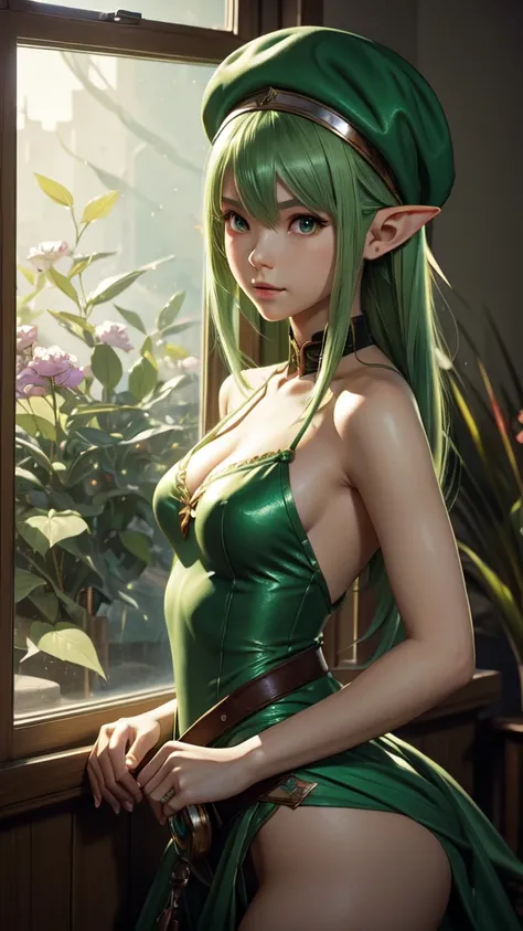 Master piece, girl with green hair and a green hat standing in a room, looking out the window, splash art, style artgerm, elf girl, range murata and artgerm, artgerm lau, vivy, style of artgerm, style league of legends, ruan jia and artgerm, artgerm style,...