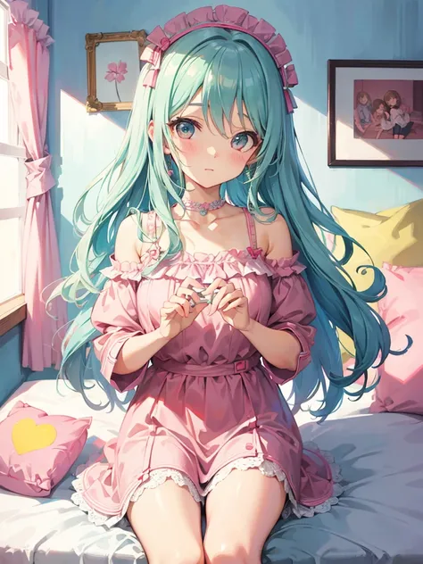 beautiful illustration, best quality, cute girl, bedroom, pastel color, idolmaster-millionlive