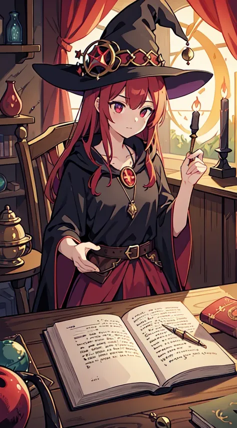 best quality,4k,highres,ultra-detailed,realistic,photorealistic,red-haired woman,witch,sorceress,magic,sitting by table,ancient ...