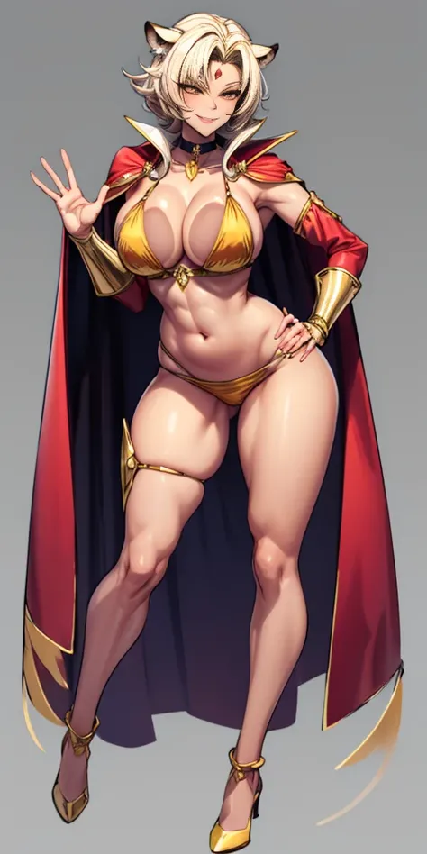 Two long thighs, yellow eyes, blonde hair, short hair, large breasts, detached sleeves, very white background, royal tiara, long cape, yellow tiger bikini, high heels, hands on hips. red tattoo on belly navel, full body female MILF BIMBO, lustful smirking ...