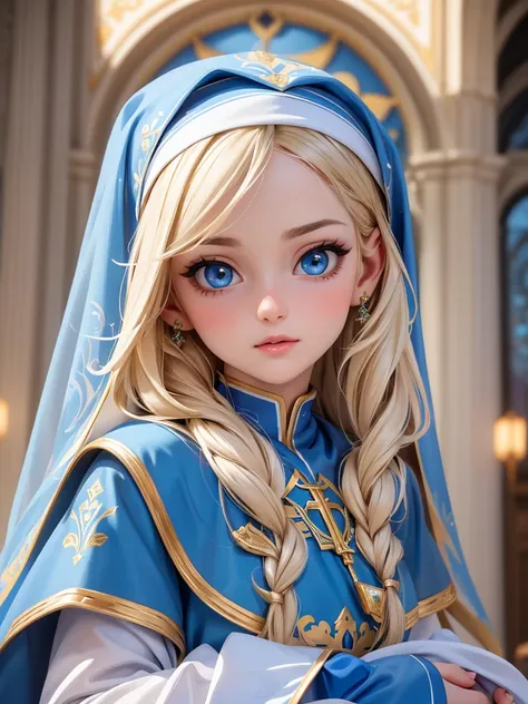 (best quality,4K,8K,high resolution,masterpiece:1.2),Super detailed,actual,beautiful delicate blue eyes,Beautiful and delicate lips,extremely detailed face,long hair,1 girl,Beautiful blonde girl,Wearing a blue nun costume,gold trim,(complex pattern:1.2),Lo...