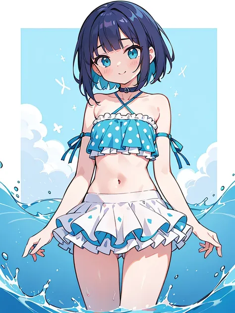 a girl standing in shallow ocean water under a clear blue sky. She has a sun-kissed complexion and a deep violet bob cut hair. She is wearing a two-piece swimsuit with a strap around the neck; the top is bandeau-style with a halter neck strap, featuring a ...