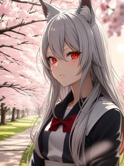 (red eyes,details:1.5),(best quality,4k,8k,highres,masterpiece:1.2),ultra-detailed, grey and silver hair,redwoodenshoes,girl´s g...