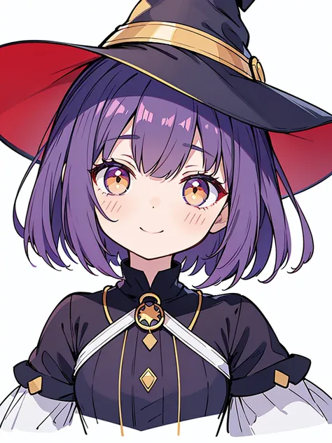 Witchs outfit, Anime-style portrait of a teen-ager girl with a deep violet bob cut, (Golden eyes), bright eyes, detailed eyes, eye contact with the camera, subtle smile, minimalistic background to emphasize character, high contrast, clean lines, digital pa...