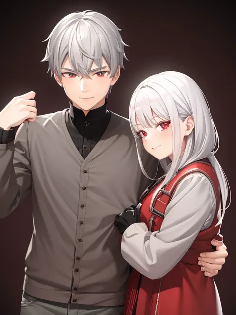 red eyes,details:1.5,(best quality,8k,highres,masterpiece:1.2),ultra-detailed,boy with grey hair,evils smile,casual clothes,girl...