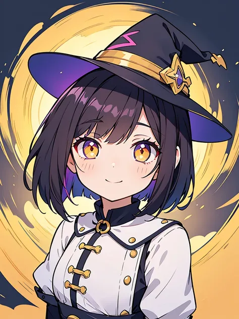 Witchs outfit, Anime-style portrait of a teen-ager girl with a deep violet bob cut, (Golden eyes), bright eyes, detailed eyes, eye contact with the camera, subtle smile, minimalistic background to emphasize character, high contrast, clean lines, digital pa...