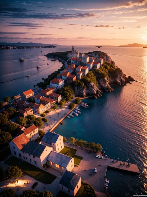 croatian medival villge on a sunset by the sea, sunset, beautiful scenery, 4K, cinematic shot, wooden medival buildings, wooden ships around