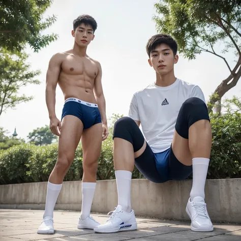 16 years old teenagers , very young , light-skin , wearing an dark blue sexy underwear, tmasterpiece，k hd，the feet，black long socks，The barefoot , blue colour , handsome and cute , extreme cute boy , white skin , dark blue underwear boxers shorts , extreme...