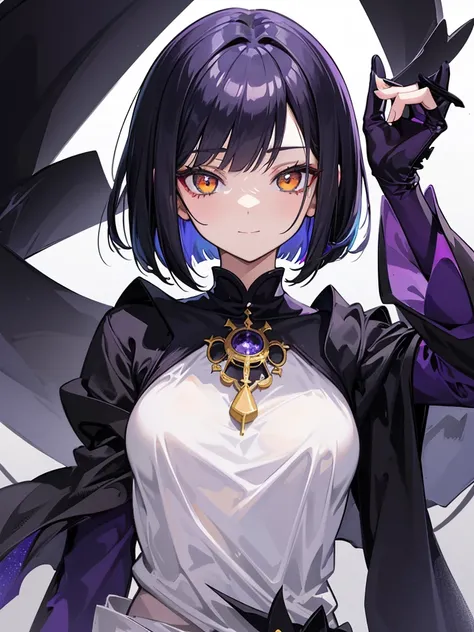 Witchs outfit, Anime-style portrait of a teen-ager girl with a deep violet bob cut, (Golden eyes), bright eyes, detailed eyes, eye contact with the camera, subtle smile, minimalistic background to emphasize character, high contrast, clean lines, digital pa...