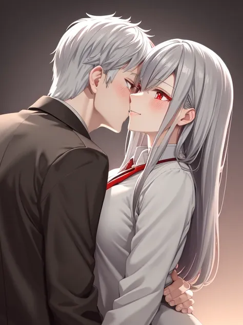 red eyes,details:1.5,(best quality,8k,highres,masterpiece:1.2),ultra-detailed, foxy boy with grey hair,evils smile,casual clothe...