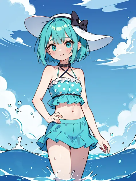 a girl standing in shallow ocean water under a clear blue sky. She has a sun-kissed complexion and an emerald green bob cut hair. She is wearing a two-piece swimsuit with a strap around the neck; the top is bandeau-style with a halter neck strap, featuring...