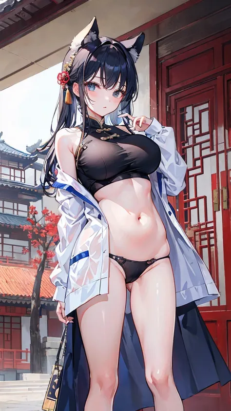 A girl with big breasts, 身穿open的紫黑色长袍, Standing in a Chinese-style building，No underwear，No pants，open，Open your chest and open your belly